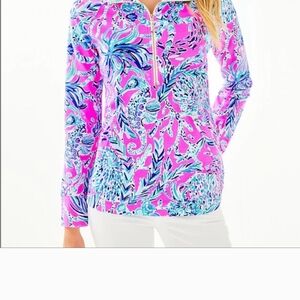Lilly Pulitzer Skipper Popover Vibrant Pink and Blue Patterned Pullover Half Zip